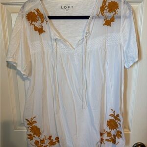 LOFT White and Brown Tie Front Short Sleeve Blouse